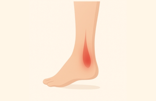 Illustration av en fot och underben där hälsenan är markerad i rött för att visa smärta och inflammation vid hälseneinflammation (Achillestendinos).