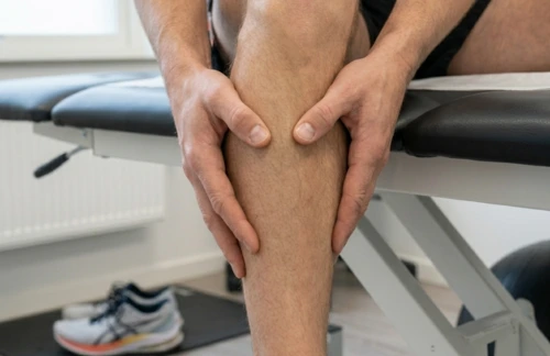 Närbild av en person som håller om sin smärtande vad under en undersökning, vilket illustrerar symtom på gubbvad eller överbelastning vid löpning.